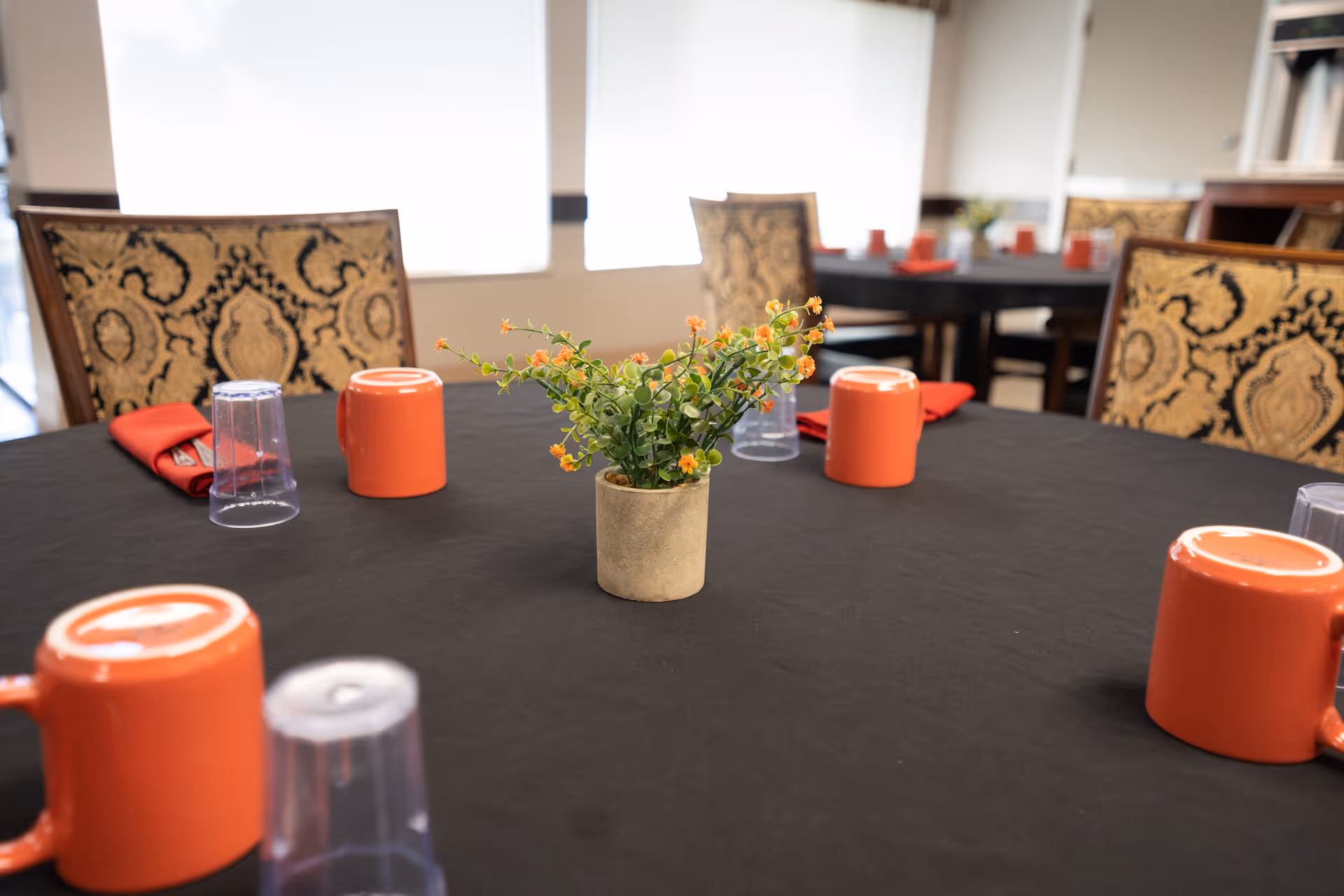 A round dining table covered with a black tablecloth, set with orange mugs, clear plastic cups, and red napkins. A small potted plant with green leaves and orange flowers is placed in the center of the table. Ornate patterned chairs surround the table, and another similar table is visible in the background near large windows.