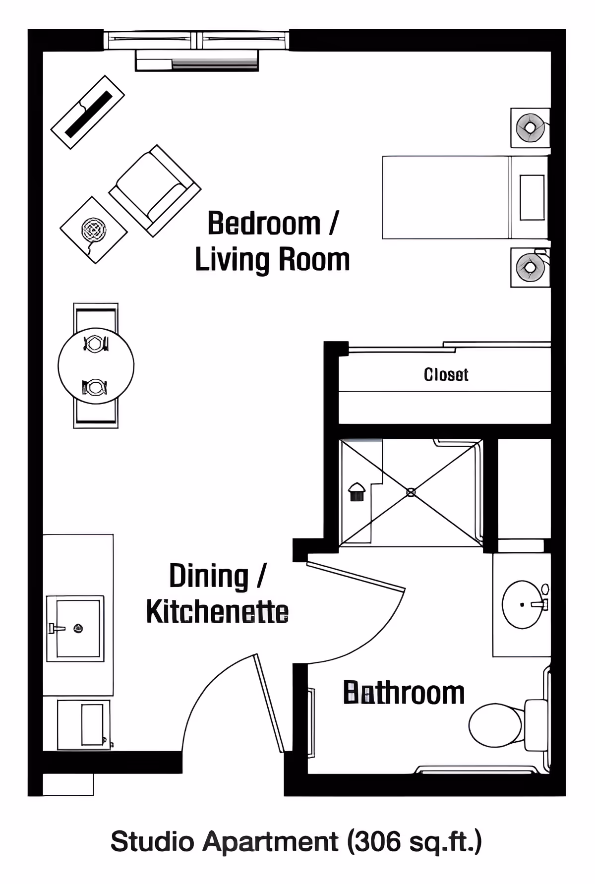 Black-and-white floor plan of a 306 sq.ft. studio apartment showing a combined bedroom/living room, dining/kitchenette, closet, and bathroom.