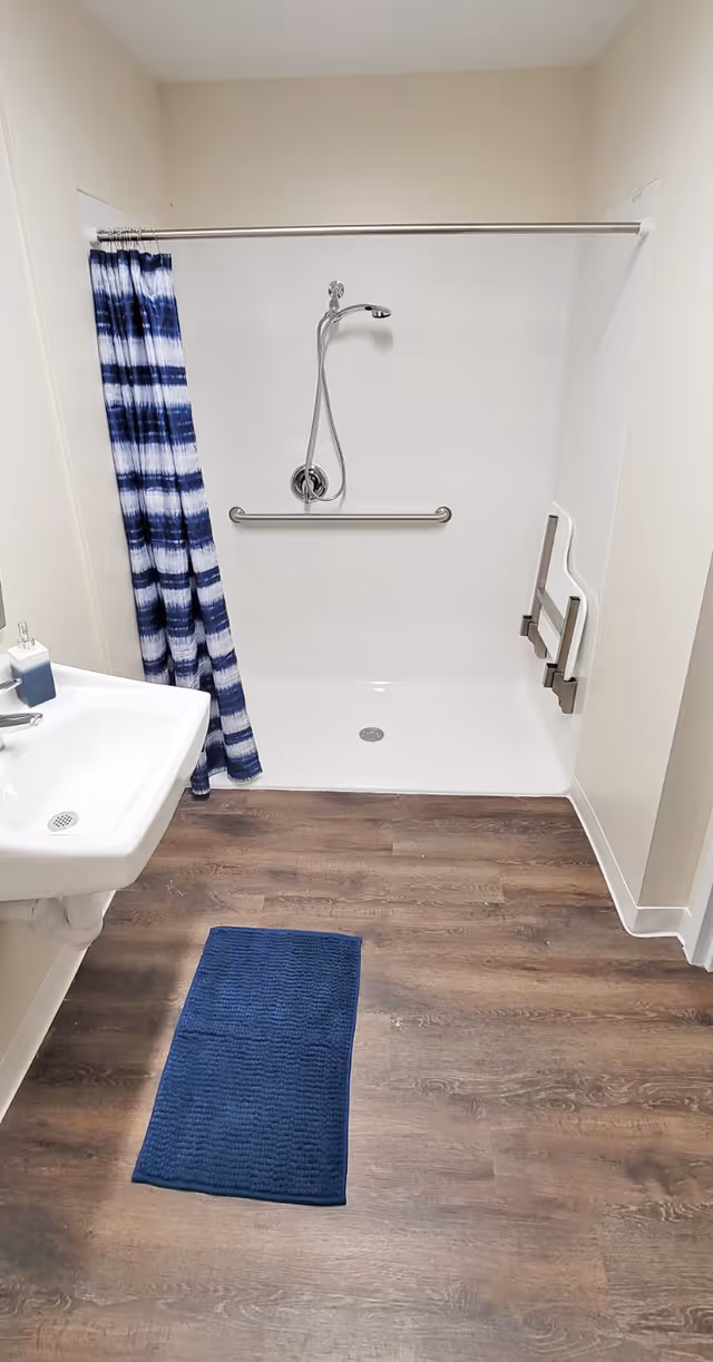 Accessible bathroom with a walk-in shower featuring grab bars and a blue striped curtain, a sink, and a blue bath mat on wood-look flooring.