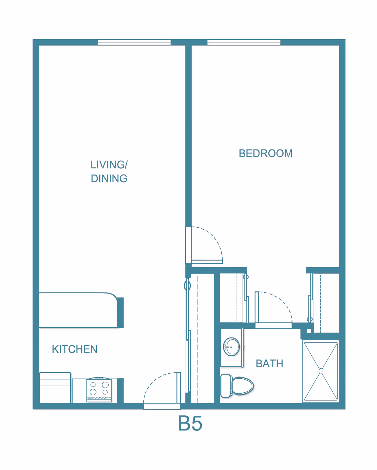 Floor plan layout of a one-bedroom apartment labeled B5 at The Ivy at Hawaii Kai, showing a kitchen, living/dining area, bedroom, and bathroom.