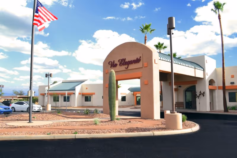 Entrance arch and porte-cochère of Via Elegante Assisted Living with a tall cactus, American flag, palm trees, and a parking area under a blue sky.