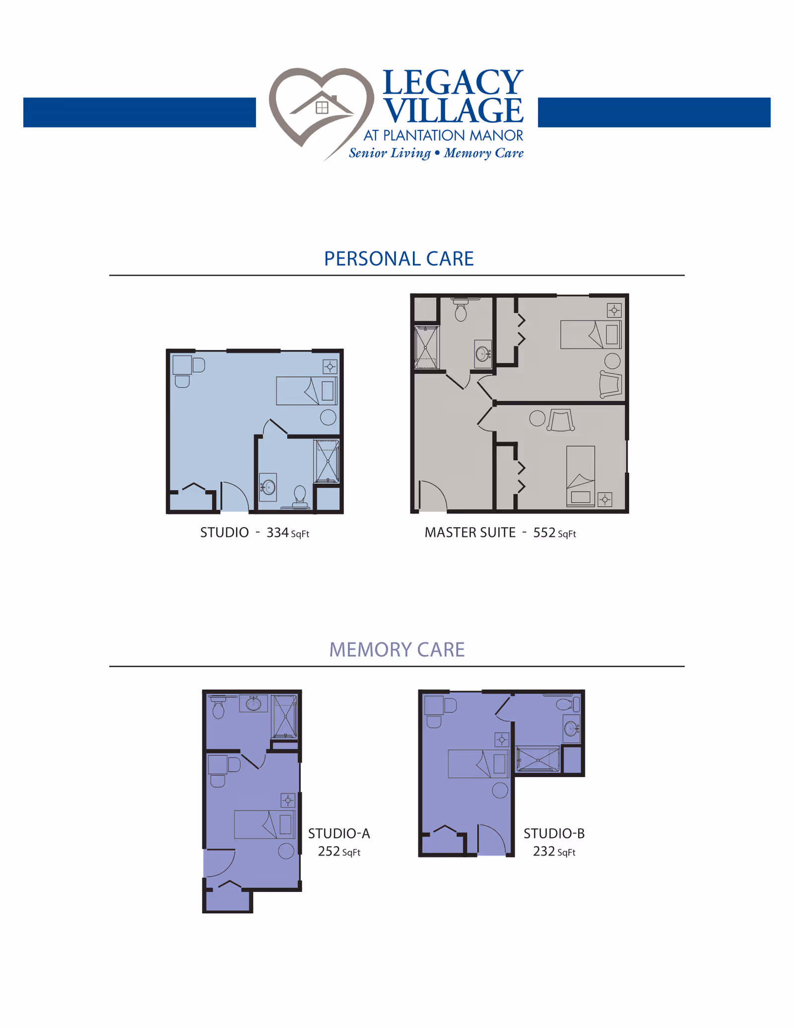 Floor plans for Legacy Village at Plantation Manor showing personal care and memory care living spaces. The personal care section includes a Studio layout of 334 square feet and a Master Suite layout of 552 square feet. The memory care section includes Studio-A with 252 square feet and Studio-B with 232 square feet. Each floor plan shows room layouts including beds, bathrooms, and furniture arrangements.