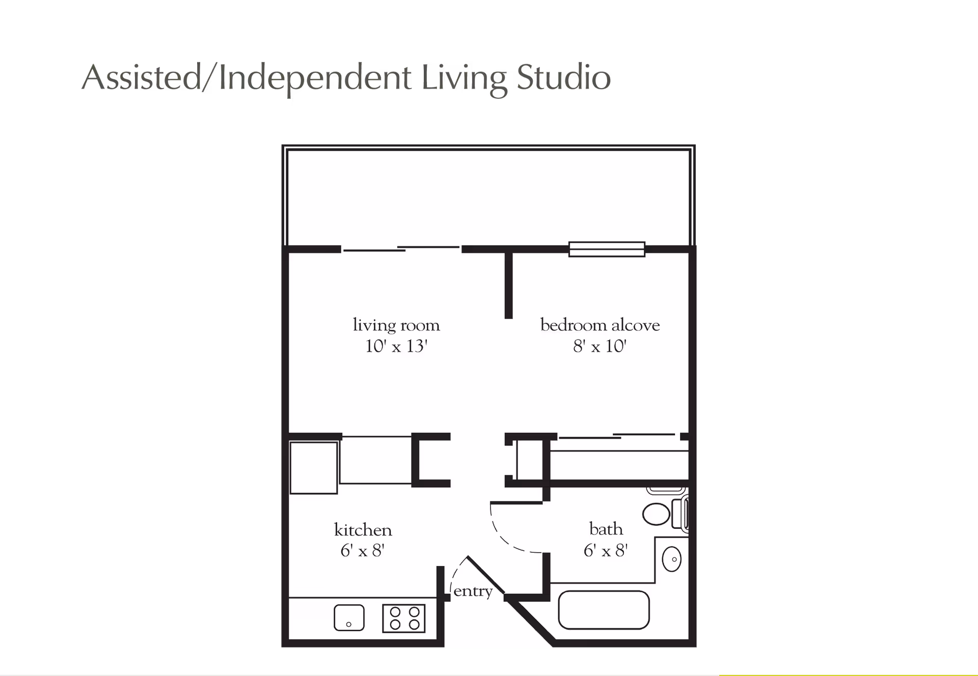 Black-and-white floor plan of an assisted/independent living studio showing a living room, bedroom alcove, kitchen, bath, and entry with labeled dimensions.