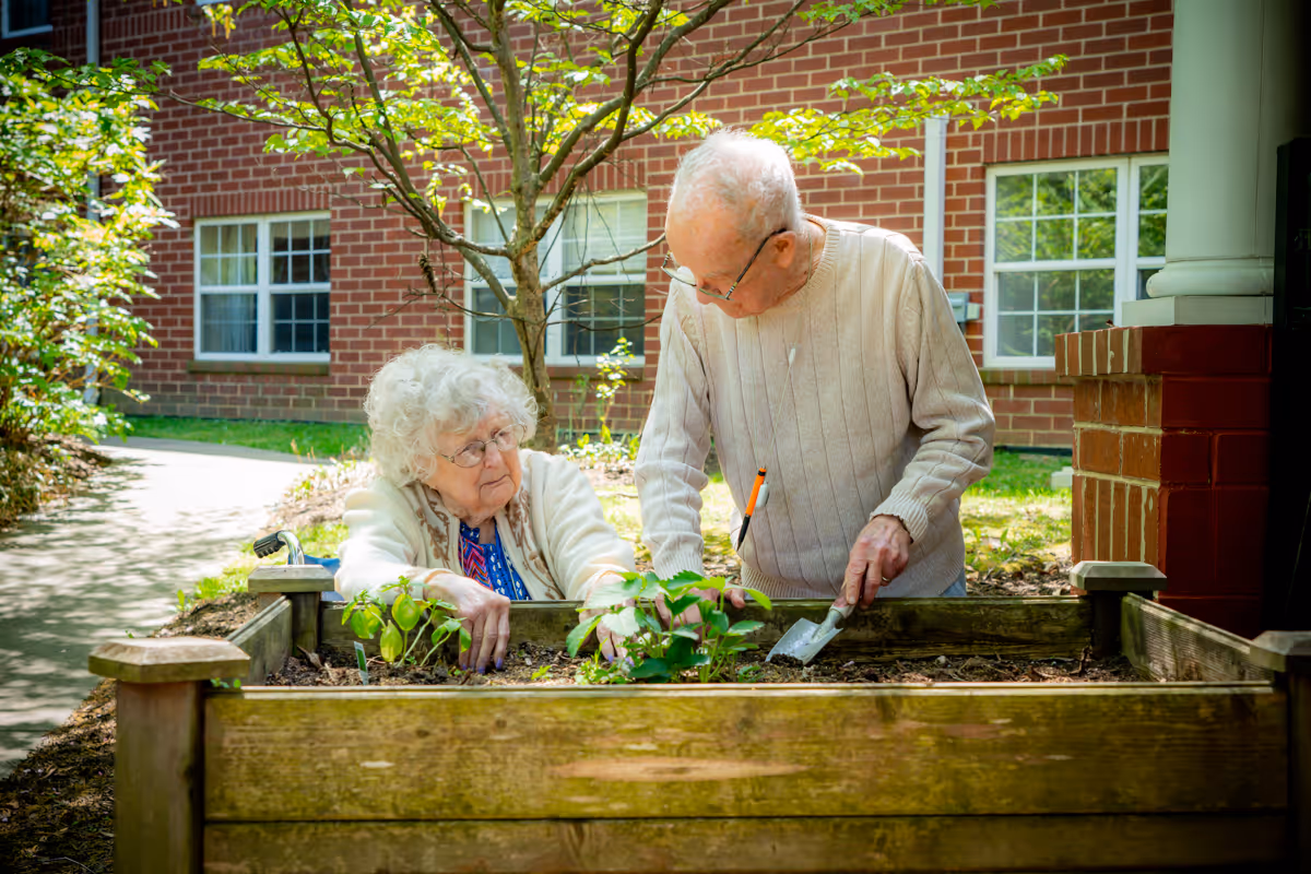 An elderly man and woman gardening together in a raised wooden garden bed outside a brick building. The man is using a small gardening trowel while the woman watches and tends to the plants. The scene is bright and sunny with greenery and a tree nearby.