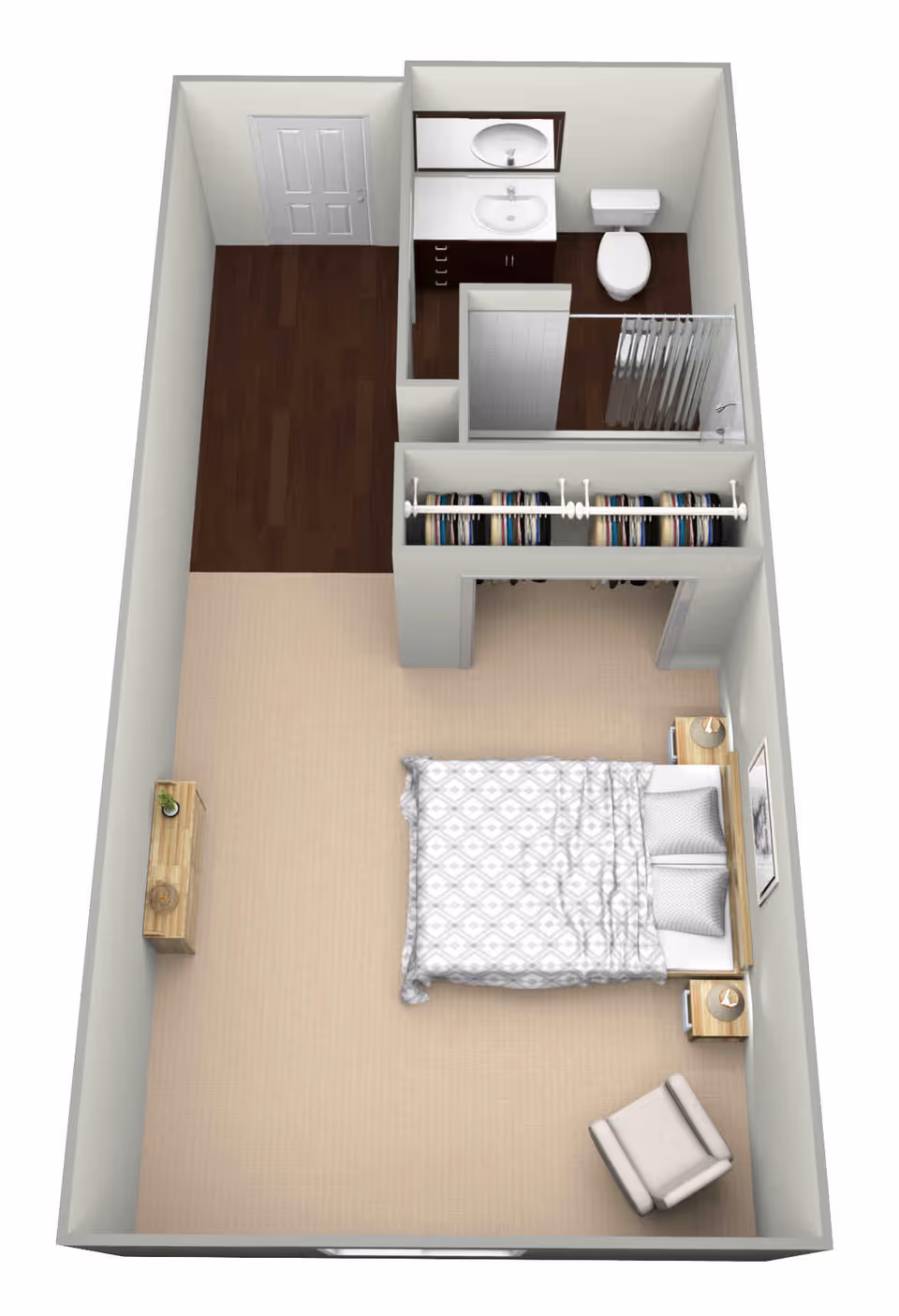 3D floor-plan rendering of a studio apartment showing a bed with nightstands, a closet, and a bathroom with sink, shower and toilet.