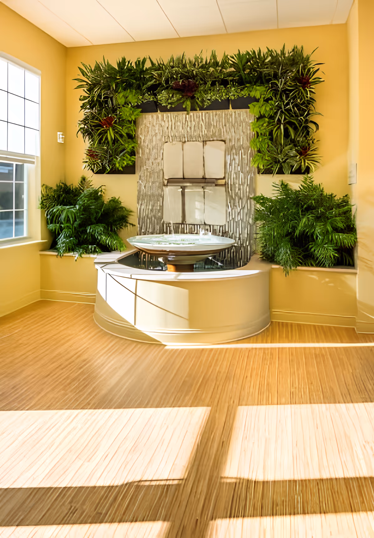 A bright indoor water fountain surrounded by lush green plants mounted on a yellow wall, with sunlight streaming through a large window and casting shadows on the wooden floor.