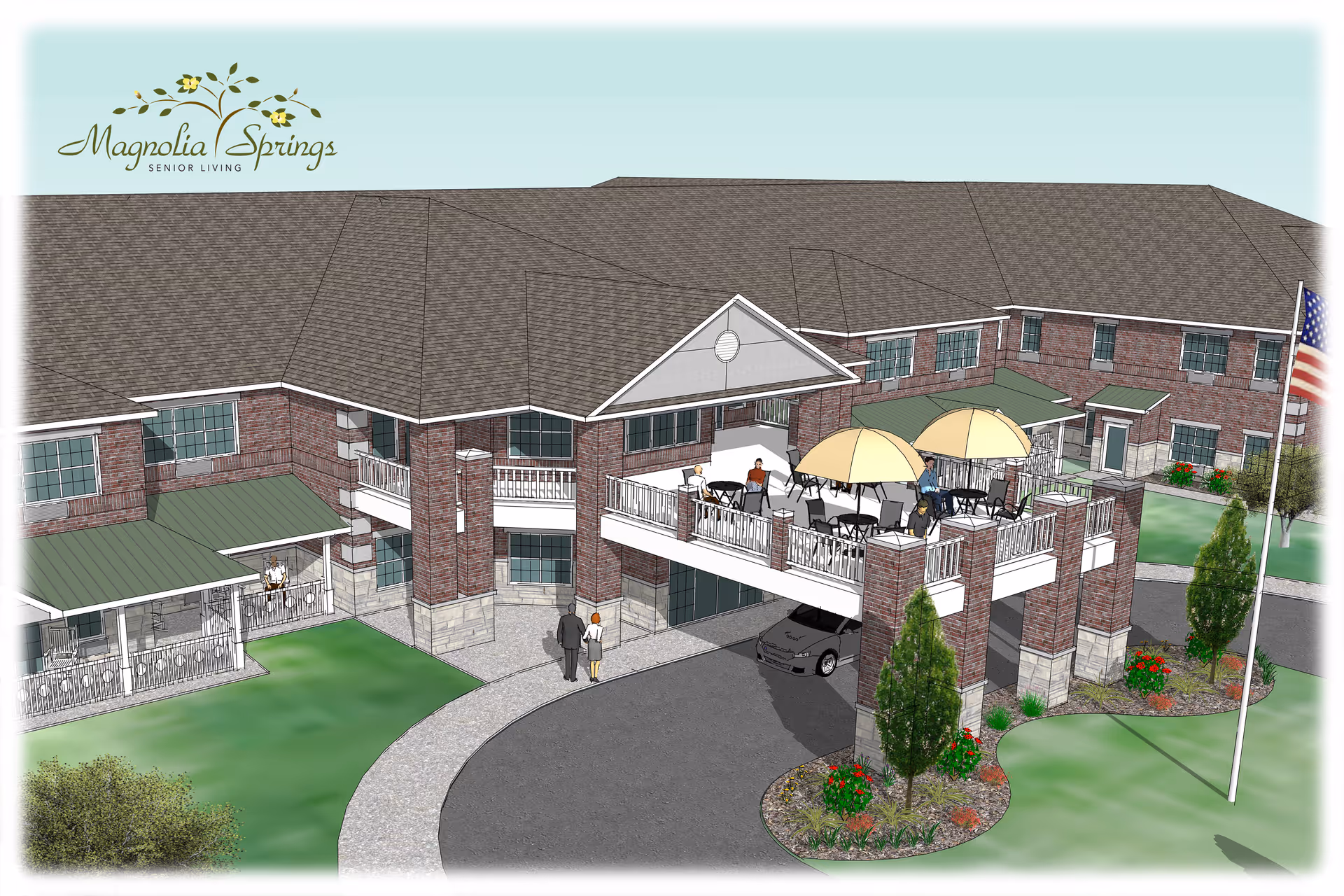 Architectural rendering of Magnolia Springs Loveland senior living facility showing a two-story brick building with a covered entrance, outdoor patio area with tables and umbrellas on the second floor, landscaped grounds with trees and flowers, and an American flag on a flagpole.