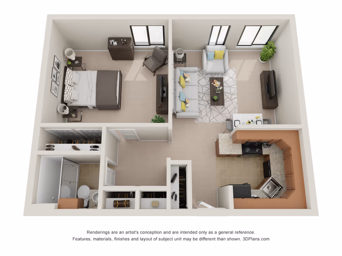 3D floor plan of a one-bedroom apartment showing a bedroom with a bed, nightstands, dresser, and chair; a living room with a sofa, armchair, coffee table, TV stand, and TV; a kitchen with appliances and countertops; a bathroom with a shower, toilet, and sink; and closets near the entrance.