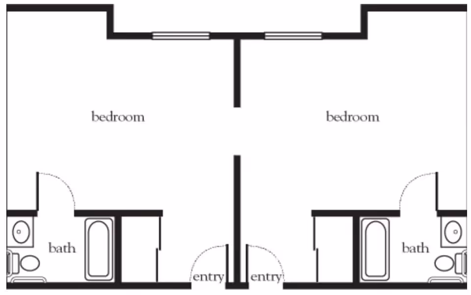 Architectural floor plan showing two adjacent units, each with a bedroom, bathroom, and entry area.