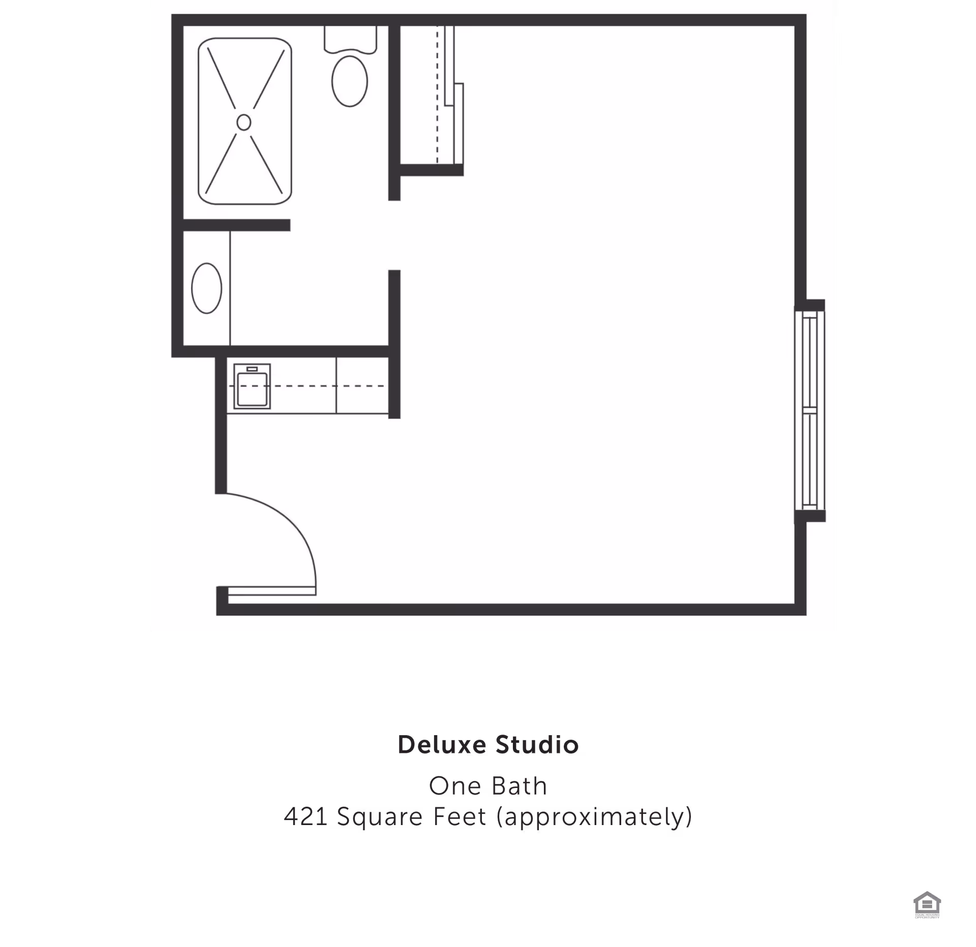 Floor plan of a deluxe studio apartment with one bathroom, approximately 421 square feet. The layout includes a bathroom with a bathtub, toilet, and sink, a small kitchen area, and an open living/sleeping space with a window.