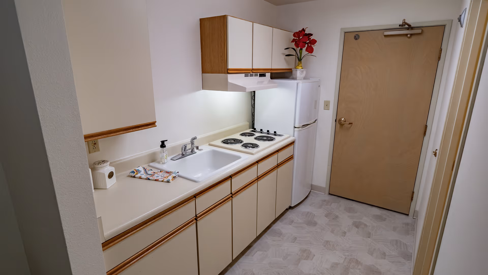 Small kitchenette with a sink, electric stovetop, refrigerator and cabinets along a narrow corridor beside a wooden door.