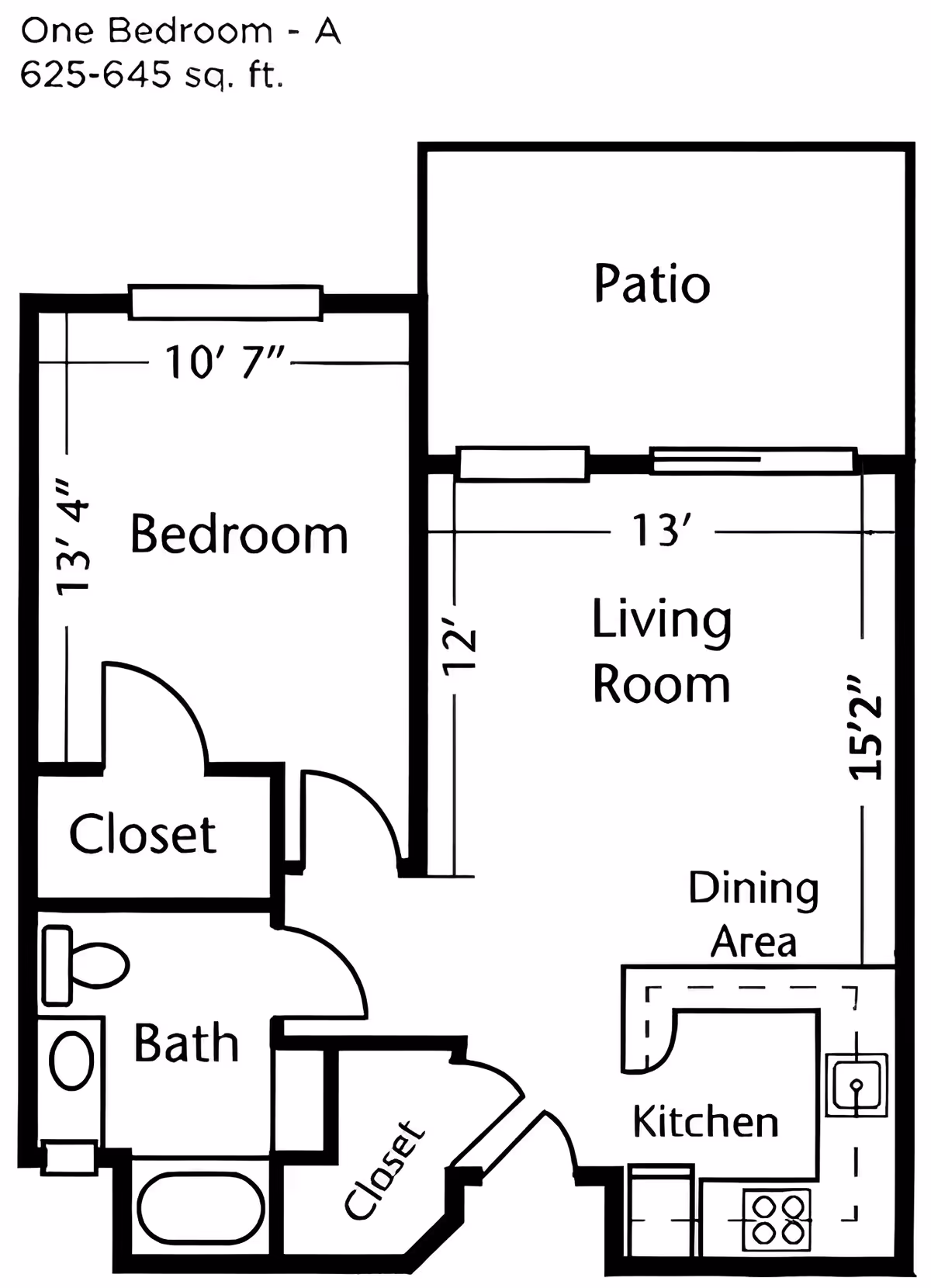 Floor plan of a one-bedroom apartment labeled 'One Bedroom - A' with 625-645 sq. ft. The layout includes a bedroom measuring 10'7" by 13'4" with a closet, a bathroom with a bathtub and toilet, a living room measuring 13' by 15'2" with an adjacent dining area, a kitchen with a stove and sink, two closets near the entrance, and a patio connected to the living room.