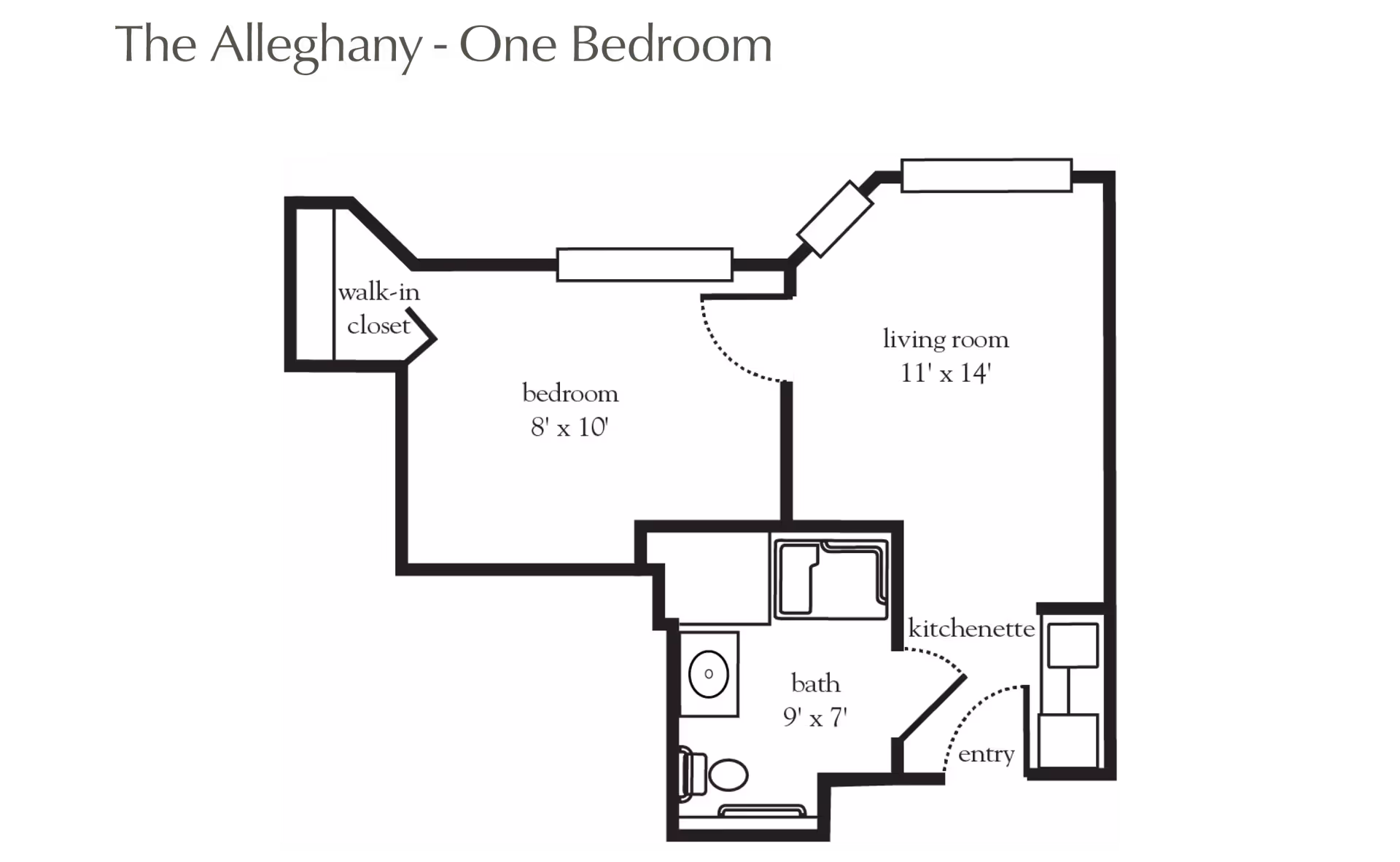 Floor plan titled The Alleghany - One Bedroom showing a bedroom with walk-in closet, living room, bath, kitchenette, and entry area with dimensions.