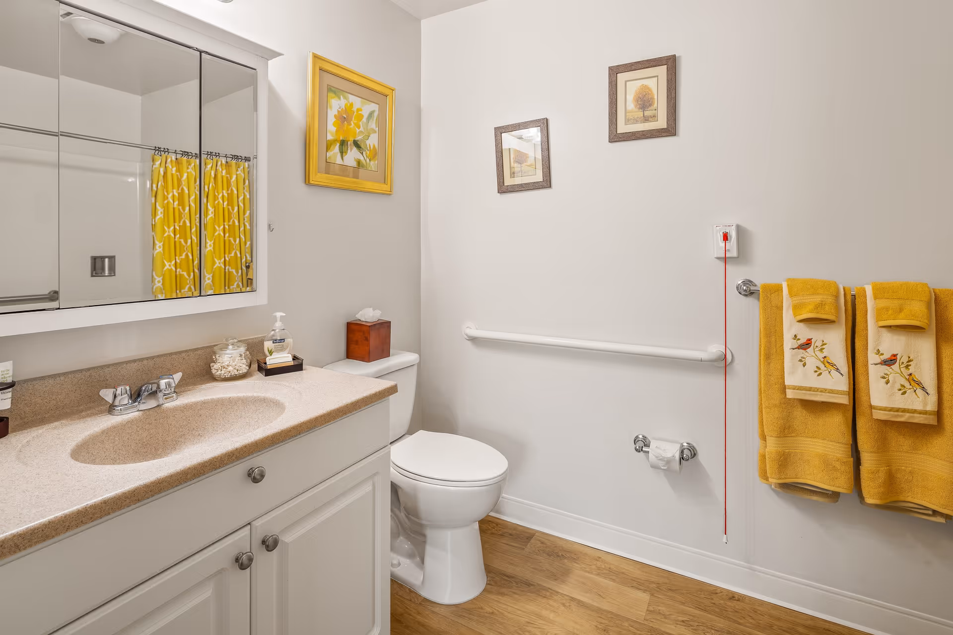 A clean bathroom with a white vanity and beige countertop, a sink with a faucet, a large mirror above the sink, a toilet, and a shower with a yellow patterned curtain. The walls are white with three framed pictures, and there are yellow towels with bird embroidery hanging on a towel rack. A red emergency pull cord is visible next to the toilet.