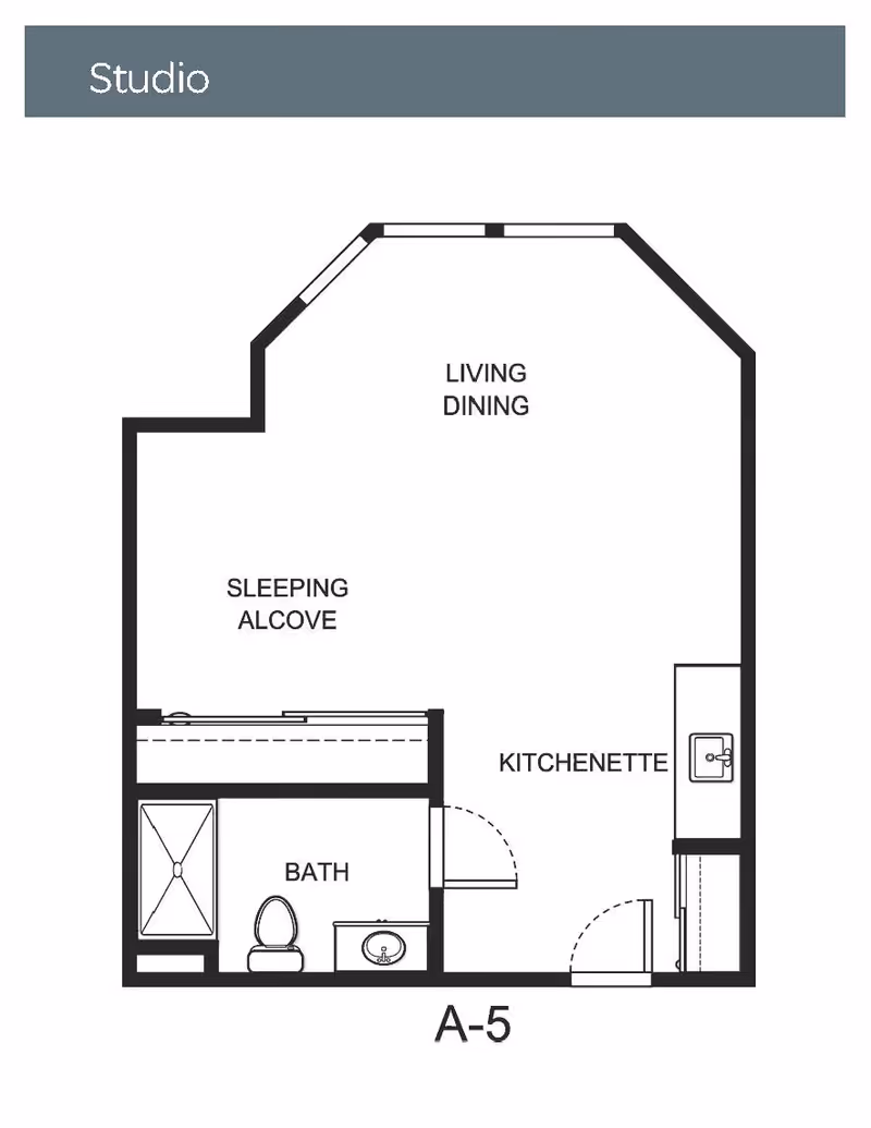 Floor plan of a studio apartment labeled A-5 showing a living and dining area, a sleeping alcove, a kitchenette, and a bathroom with a shower, toilet, and sink.