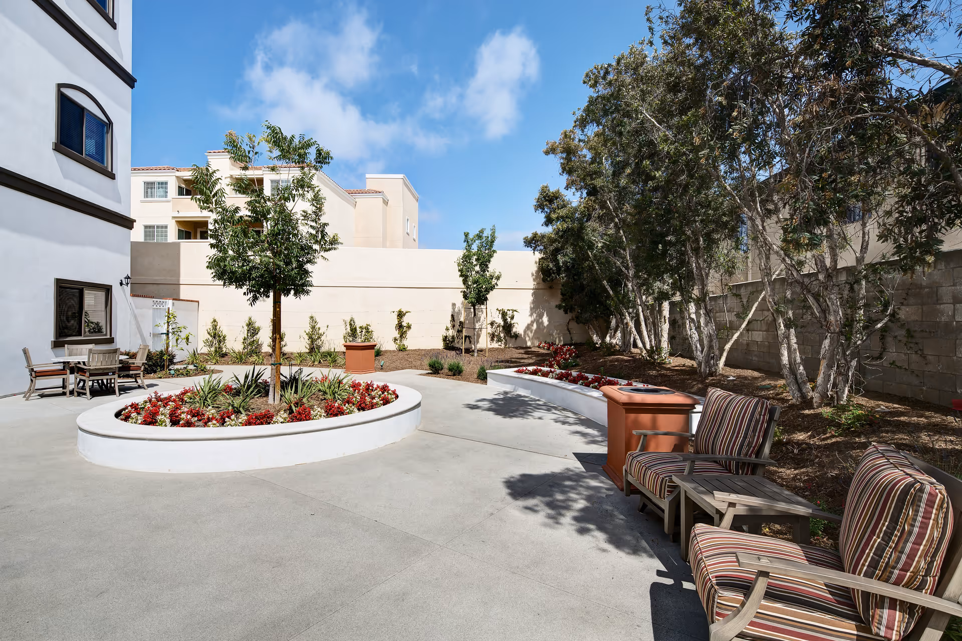Sunlit courtyard with a circular flower planter, trees, outdoor seating, and surrounding building walls.