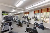A fitness room with several exercise machines including stationary bikes and elliptical trainers. The room has large windows with striped valances allowing natural light to enter. A flat-screen TV is mounted on the wall in the corner.
