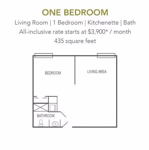 Floor plan of a one-bedroom apartment at Sodalis Austin showing a bedroom, living area, kitchenette, and bathroom. The total area is 435 square feet with an all-inclusive rate starting at $3,900 per month.