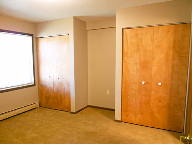 Empty room with beige walls and carpet, two wooden closets with double doors, and a large window with blinds on the left side.