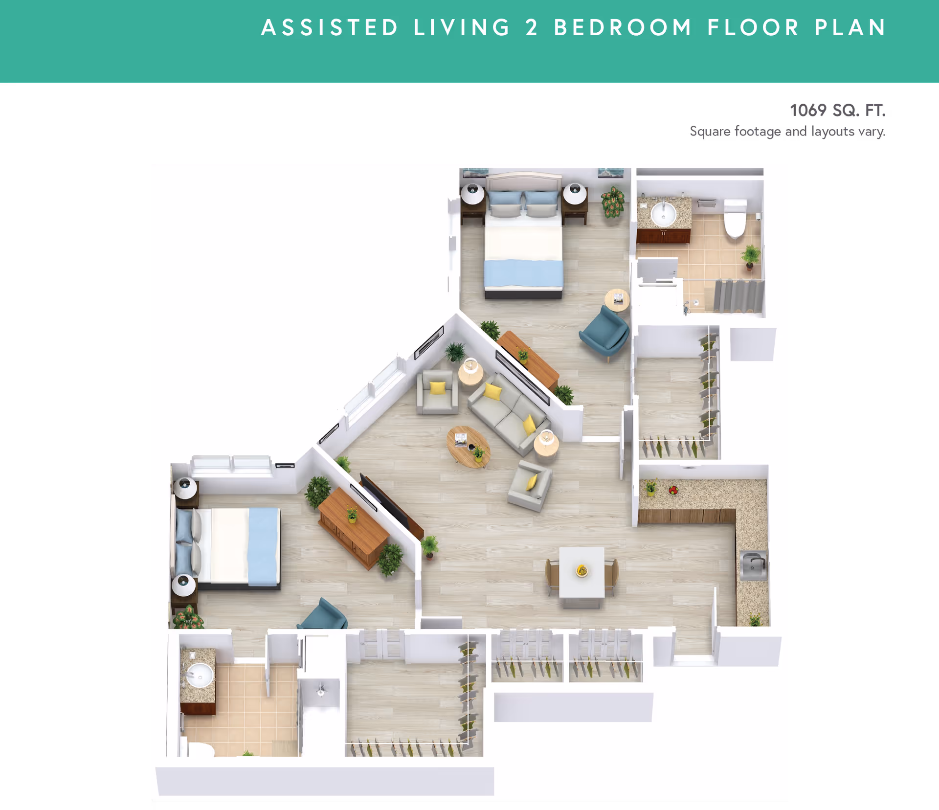 3D floor plan of an assisted living 2-bedroom apartment showing two bedrooms, two bathrooms, a living room with sofa and chairs, a dining area with table and chairs, and a kitchen with countertops and sink. The layout includes closets and plants for decoration.