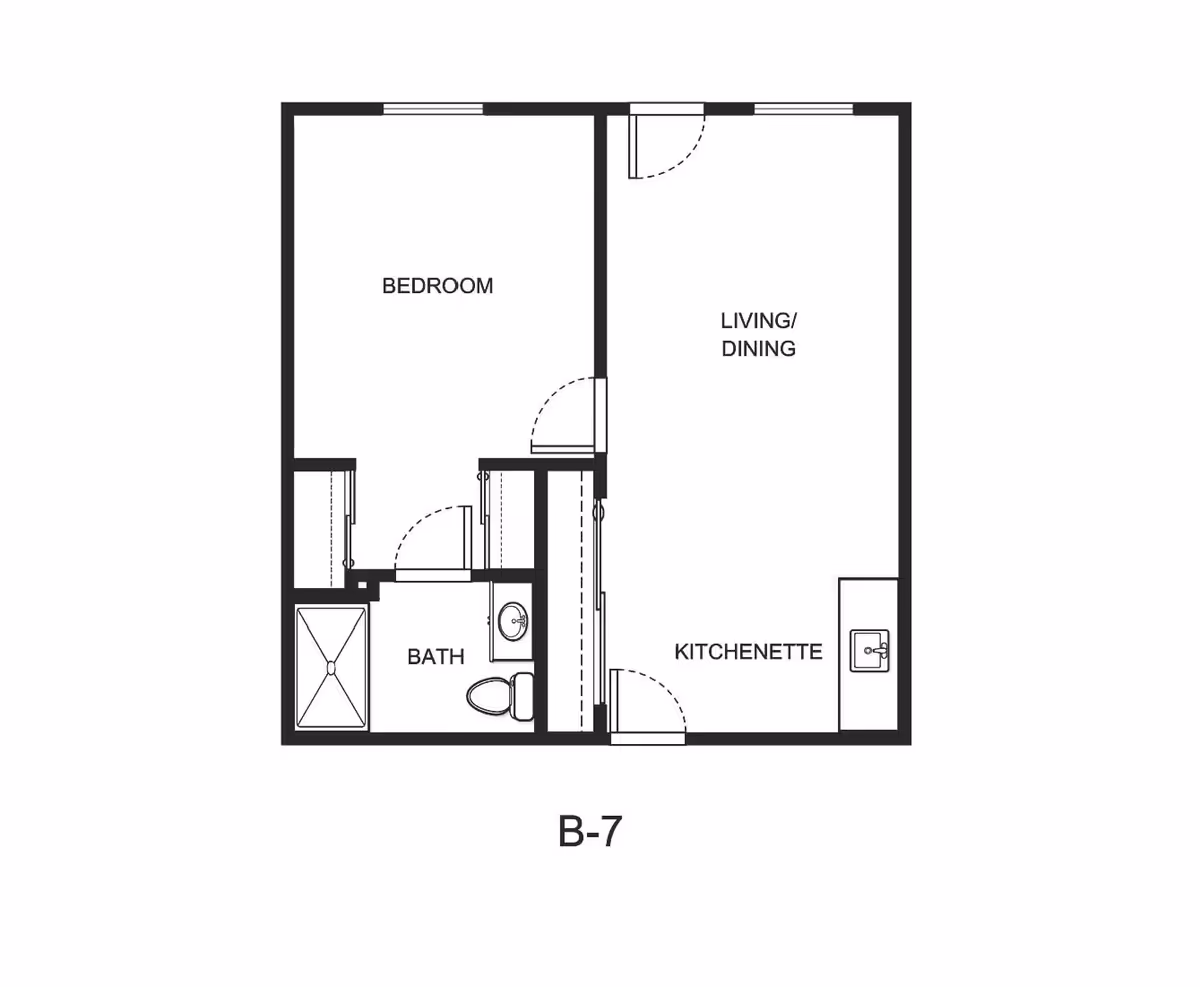 Floor plan layout labeled B-7 showing a one-bedroom unit with a bedroom, bath, kitchenette, and combined living/dining area.