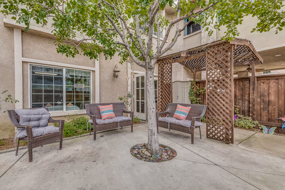 Outdoor courtyard with wicker seating, a central tree surrounded by rocks, and a wooden pergola next to the building.