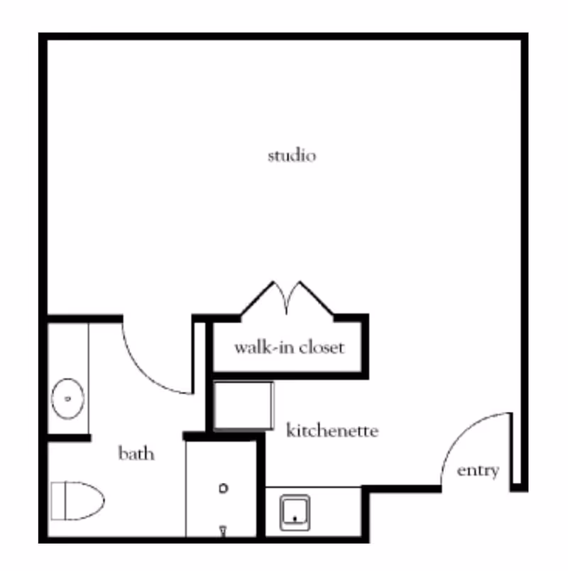 Floor plan of a studio apartment featuring an entry, kitchenette, walk-in closet, bath with toilet and sink, and a main studio living area.
