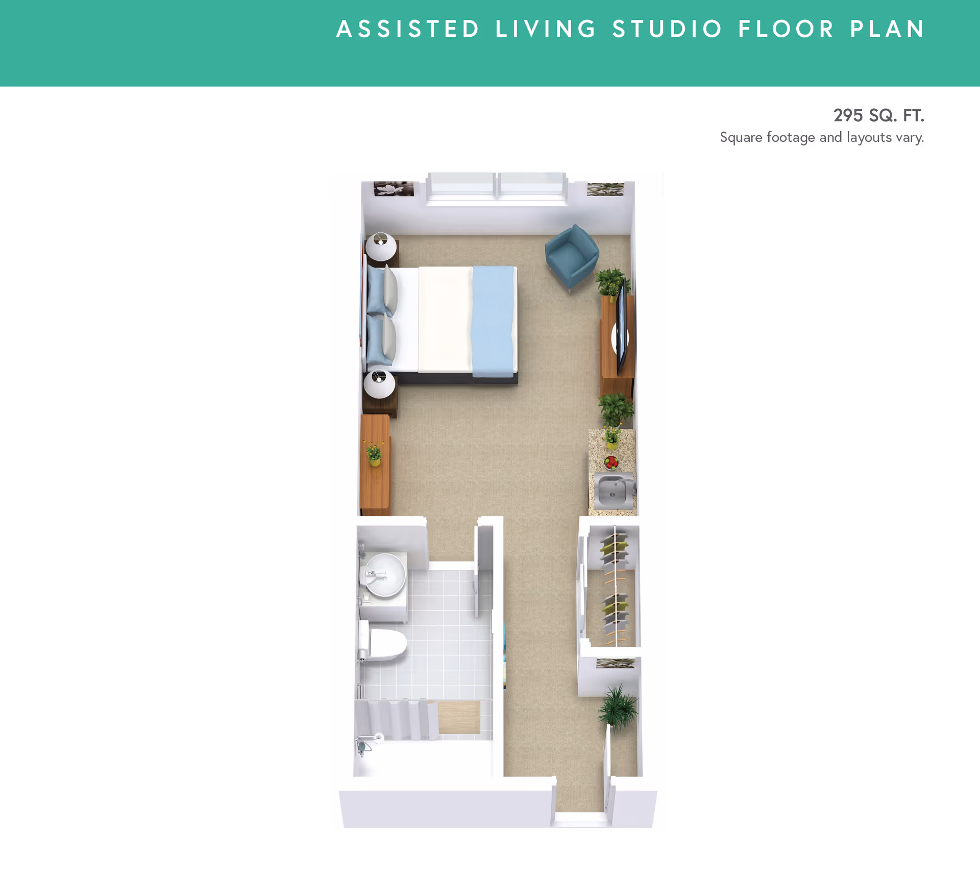 3D floor plan of an assisted living studio apartment showing a combined sleeping and living area with a bed, two nightstands, a chair, a TV on a stand, a small kitchenette with a sink and countertop, a closet, and a bathroom with a toilet, sink, and shower. The total area is 295 square feet.
