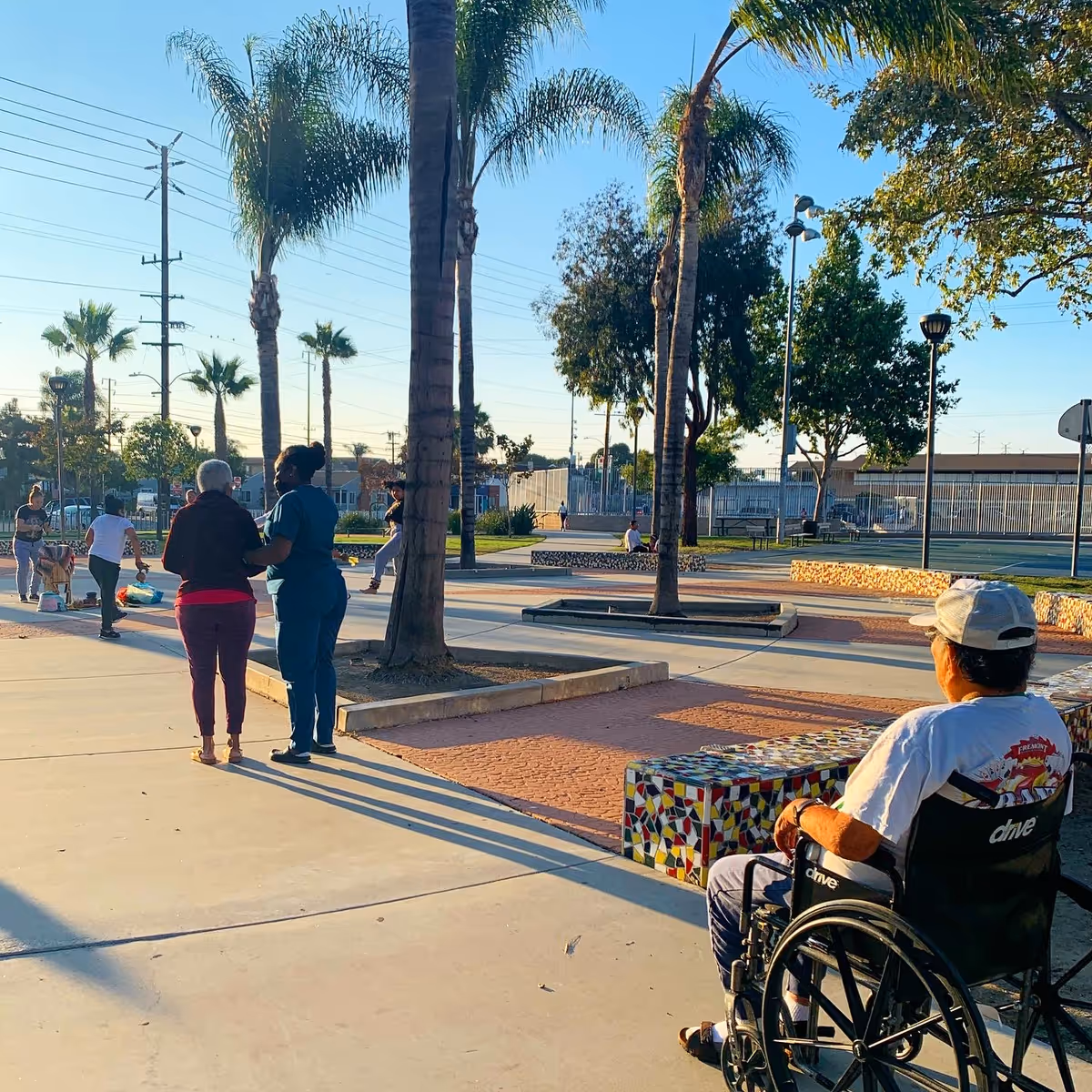 An outdoor park area with palm trees and people walking and sitting. A person in a wheelchair is in the foreground on the right side, while a caregiver assists an elderly person walking on the left. The scene is sunny with clear skies.