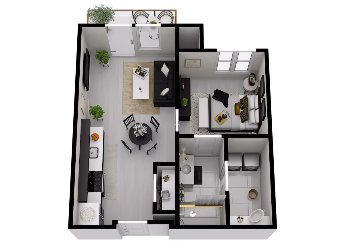 3D floor plan of a small apartment featuring a living room with a sofa, coffee table, and TV, a dining area with a round table and four chairs, a kitchen with appliances and cabinets, a bedroom with a bed and side tables, a bathroom with a shower, sink, and toilet, and a laundry area with a washer and dryer. There is also a small balcony with two chairs and a table.