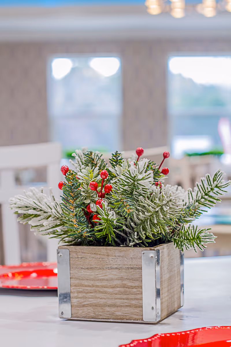 Frosted evergreen and red-berry centerpiece in a wooden box on a dining table with blurred chairs and windows in the background.