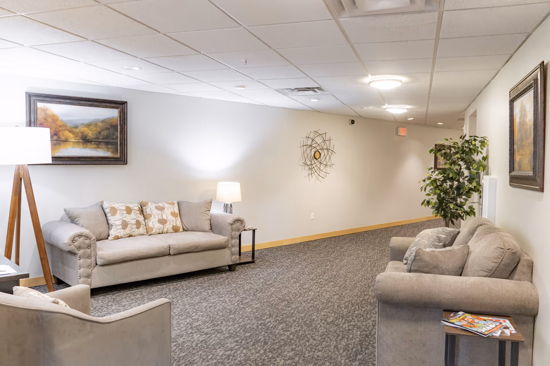 A well-lit hallway lounge area with two beige sofas, a beige armchair, a wooden floor lamp, a small side table with magazines, decorative wall art, and a potted plant. The walls are painted white and the carpet is gray.