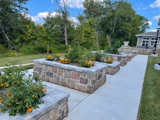 A row of raised stone garden beds with blooming yellow and orange flowers along a paved walkway, surrounded by green grass and trees under a blue sky with scattered clouds. A building with large windows is visible in the background.