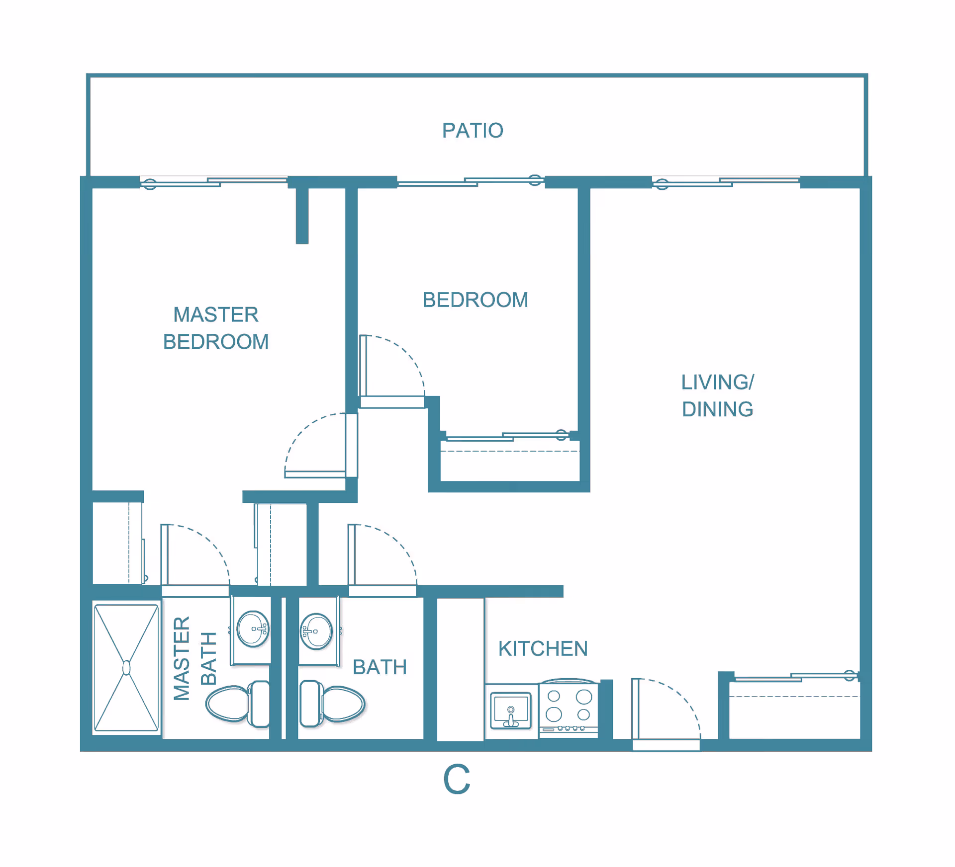 Architectural floor plan of a residential unit featuring a master bedroom with an attached master bath, a second bedroom, a separate bath, a kitchen, and a combined living and dining area. The unit also includes a patio accessible from the bedrooms and living/dining area.