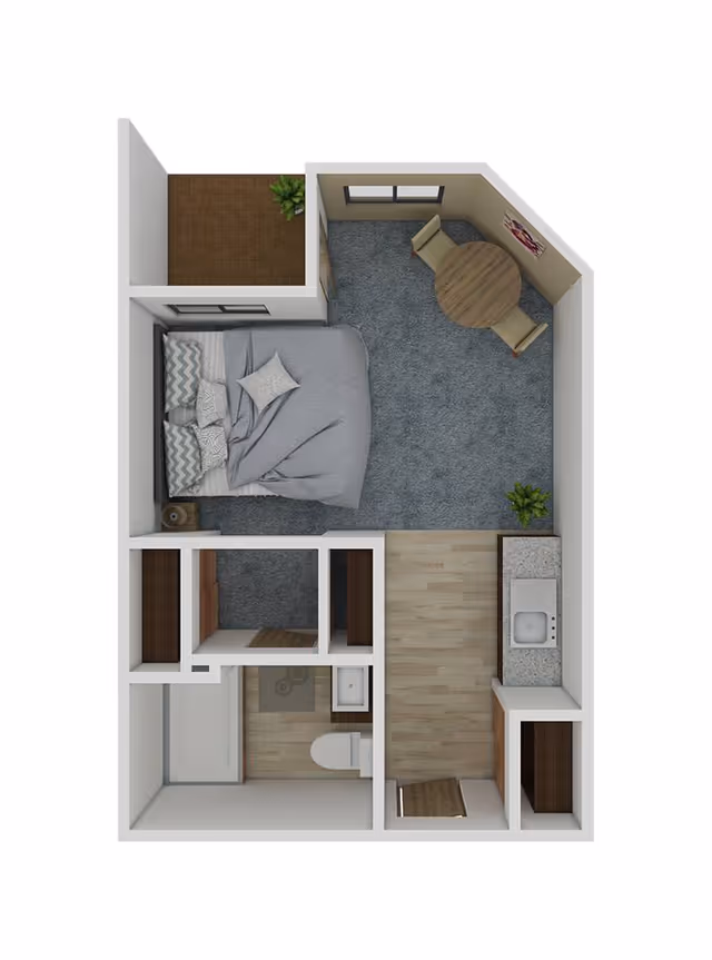 Top-down 3D floor plan of a studio apartment showing a sleeping area with a bed, bathroom, kitchenette, and a small dining nook.