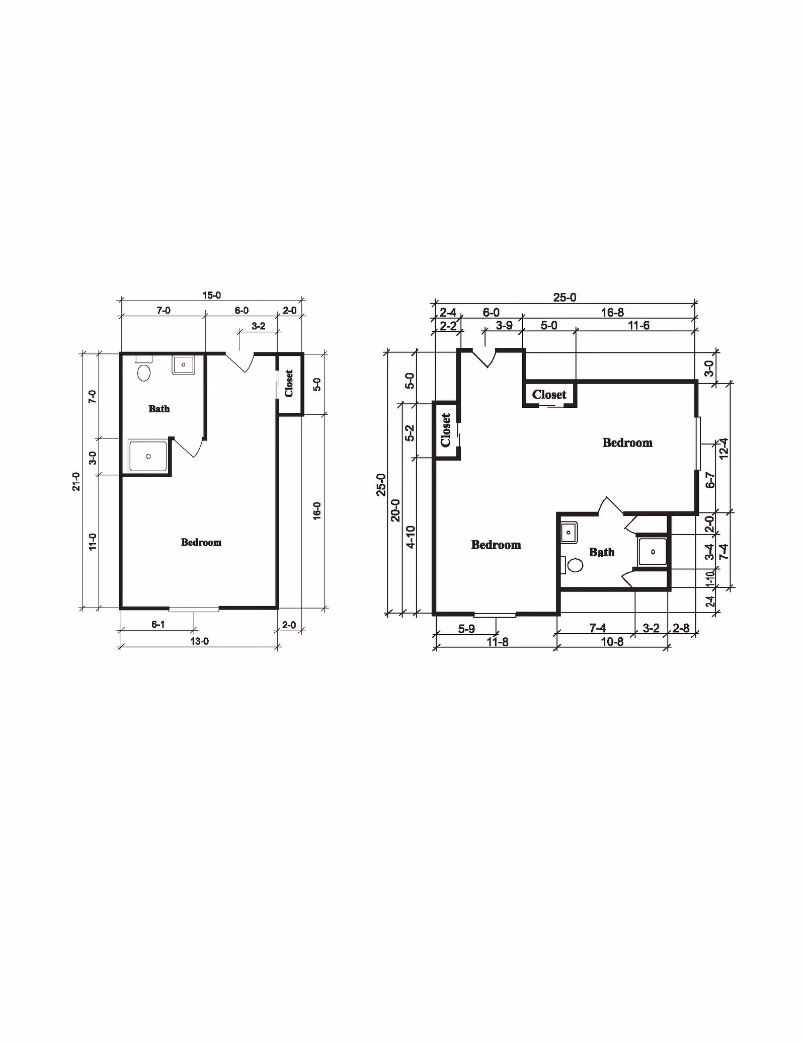 Architectural floor plan showing two layouts with labeled rooms including bedrooms, bathrooms, and closets, along with detailed measurements.