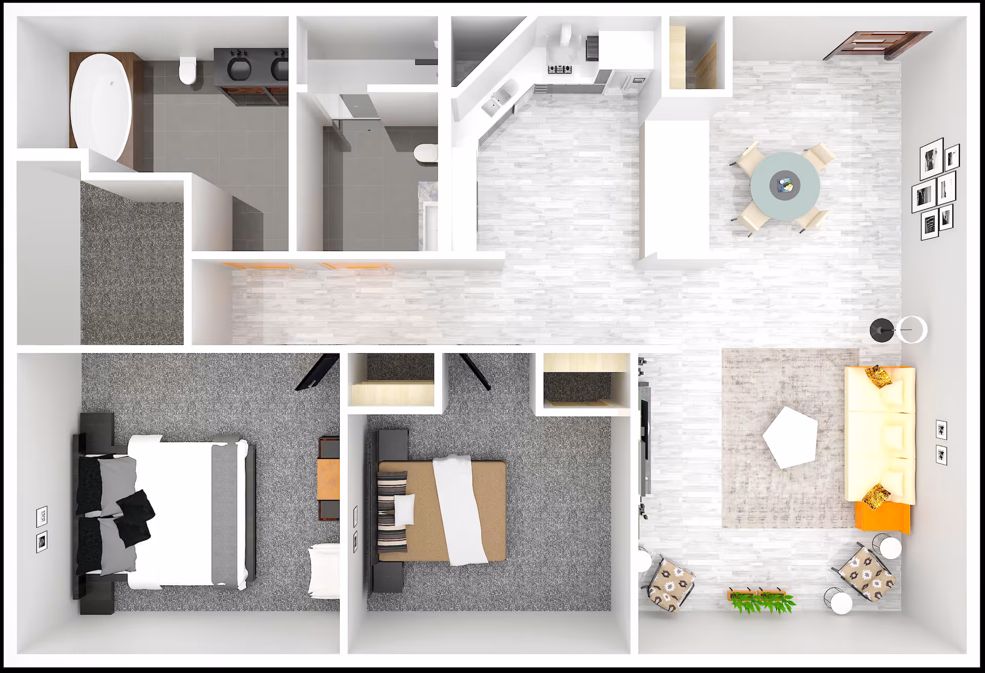 Top-down view of a two-bedroom apartment floor plan featuring a living room with a sofa, two chairs, a coffee table, and a TV. Adjacent to the living room is a dining area with a round table and four chairs. The kitchen is next to the dining area, equipped with appliances and cabinetry. There are two bedrooms, each with a bed and side tables. The apartment also includes two bathrooms, one with a bathtub and the other with a shower.