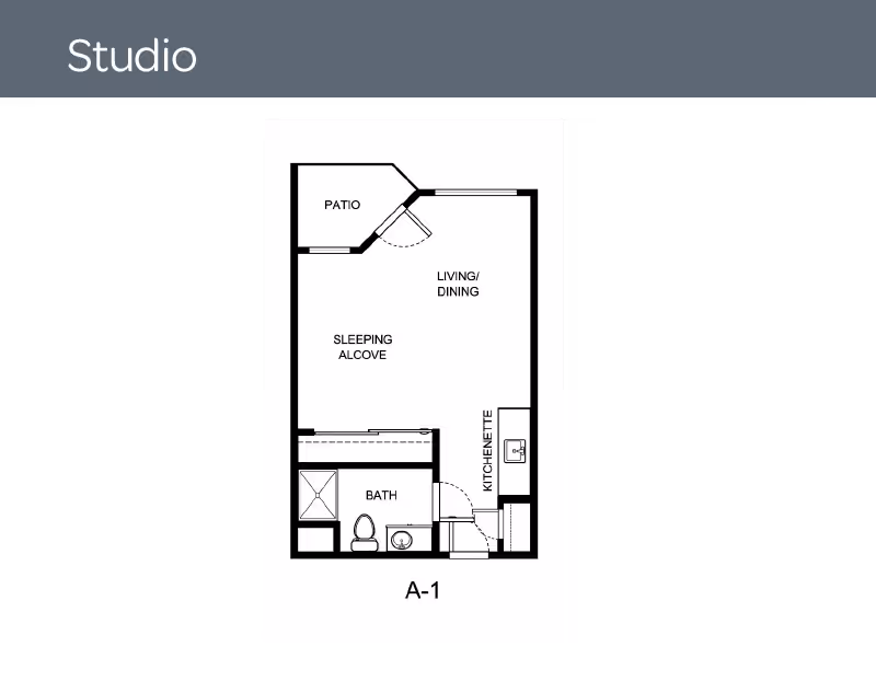 Floor plan of a studio apartment at Columbus Estates showing a patio, living/dining area, sleeping alcove, kitchenette, and bathroom.