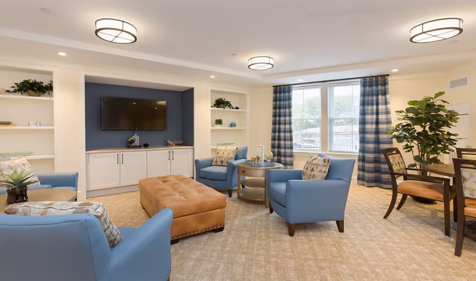 A bright and cozy living room with beige carpet, blue armchairs, a brown ottoman, and a round wooden coffee table. The room features a wall-mounted flat-screen TV set against a blue accent wall with white built-in shelves and cabinets. Large windows with blue and white checkered curtains allow natural light to fill the space. There is also a dining table with chairs and a large green plant in the corner.