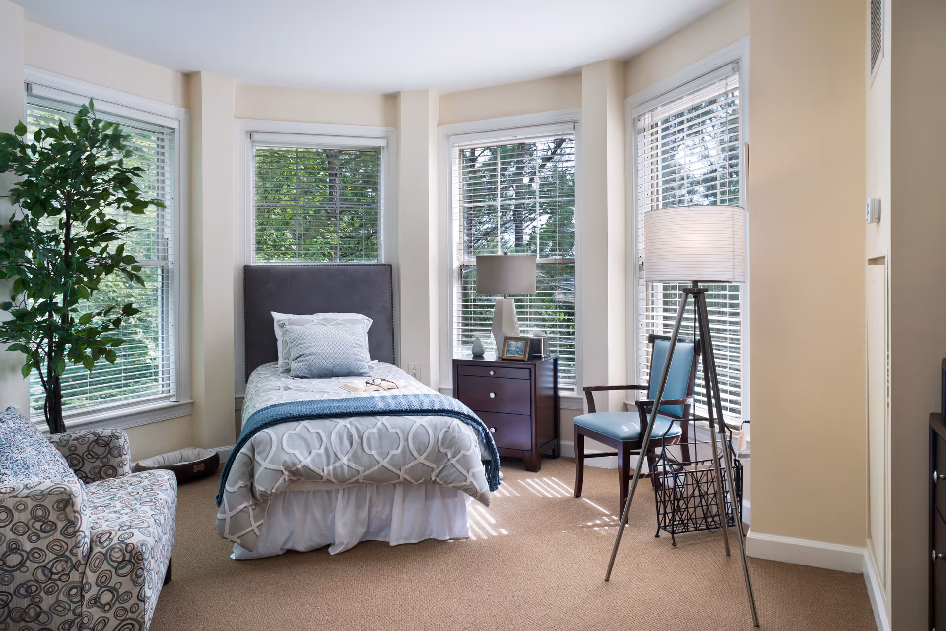 A bright bedroom with a single bed featuring a gray headboard and patterned bedding. The room has three large windows with white blinds, a dark wooden nightstand with a lamp and picture frames, a blue cushioned chair, a tall floor lamp, a patterned armchair, and a large green potted plant in the corner.