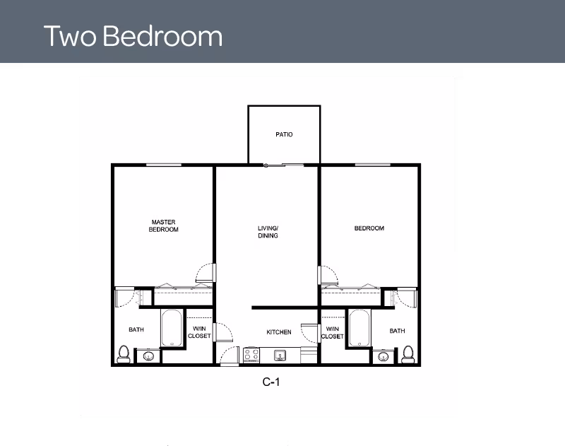 Black-and-white two-bedroom floor plan showing a living/dining area, kitchen, two bathrooms, walk-in closets and a patio.