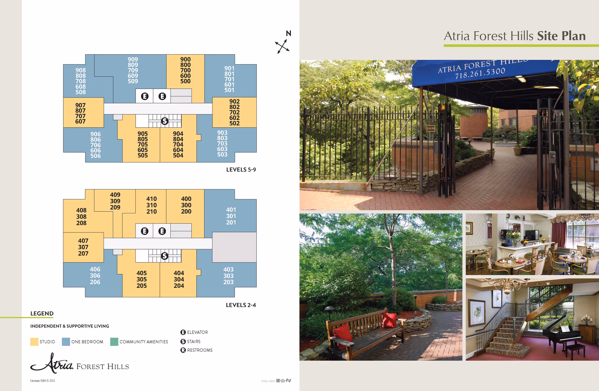 Atria Forest Hills site plan showing floor layouts for levels 2-4 and 5-9 with studio and one-bedroom units, elevators, stairs, and restrooms. Alongside are four photos: an entrance gate with a blue awning, a garden area with a bench and red cushions, a dining room with tables and chairs, and a lobby area with a grand piano and staircase.