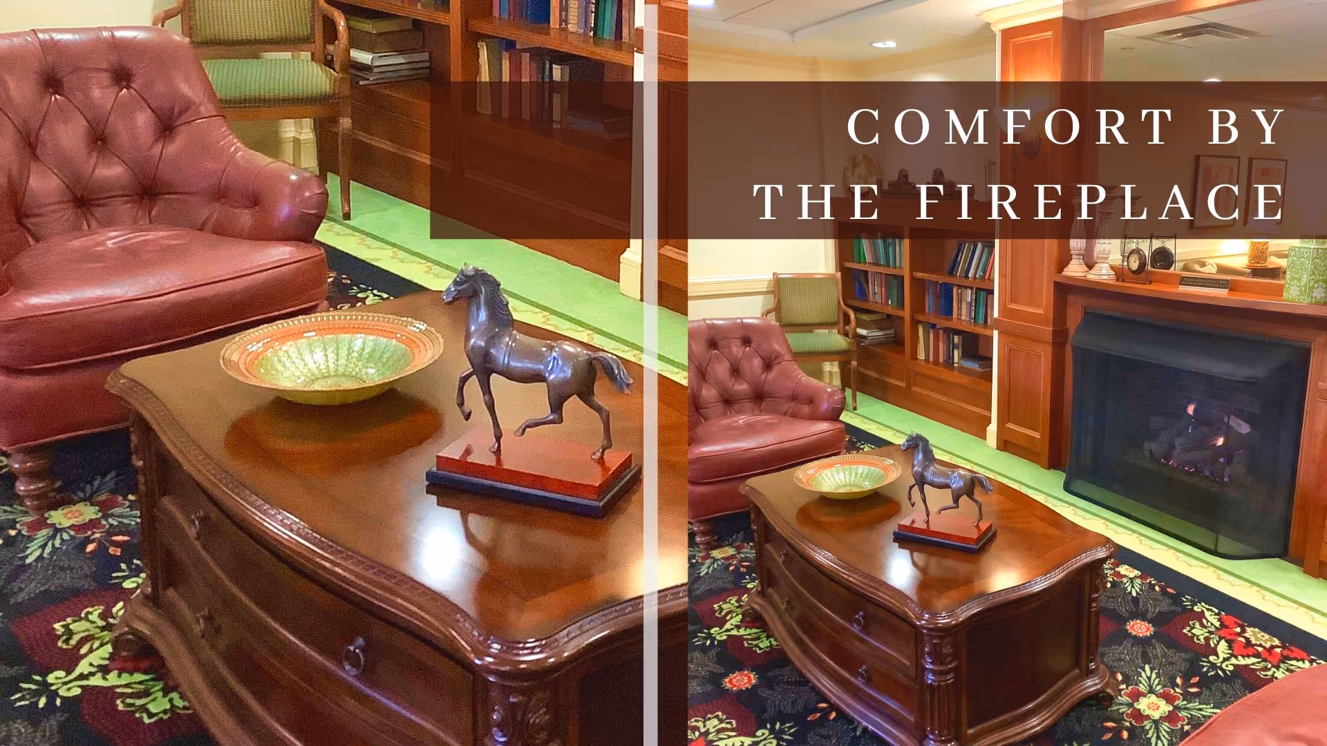 Cozy sitting area with tufted leather chairs, a wooden coffee table topped with a horse sculpture and decorative bowl, and a fireplace flanked by bookshelves.