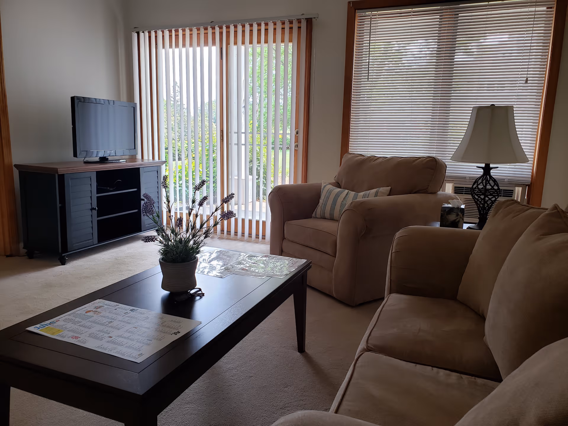 A cozy living room with a beige sofa and armchair, a dark wooden coffee table with a potted plant and a paper on it, a TV on a black TV stand, vertical blinds covering a sliding glass door, and a window with horizontal blinds and a table lamp beside the armchair.