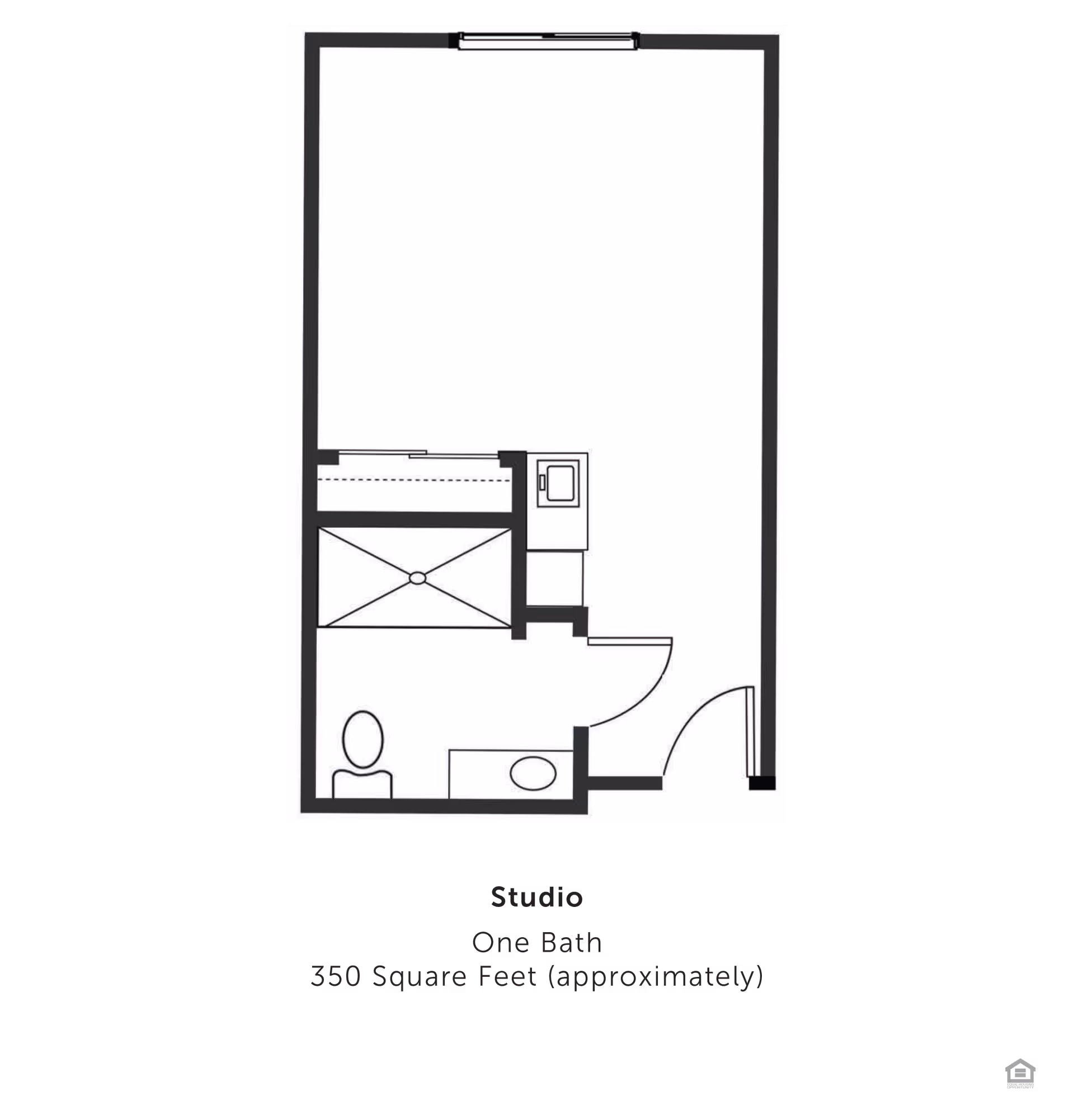Black-and-white floor plan of a studio apartment showing a main room, kitchenette, and one bathroom.