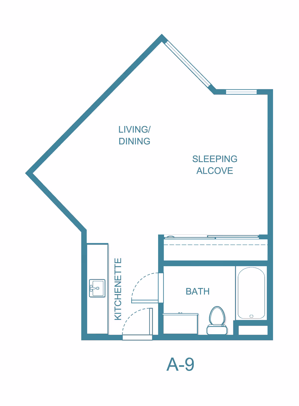 Floor plan of a studio apartment labeled A-9 at Solista Carson, showing areas for living/dining, sleeping alcove, kitchenette, and a bathroom with a bathtub and toilet.