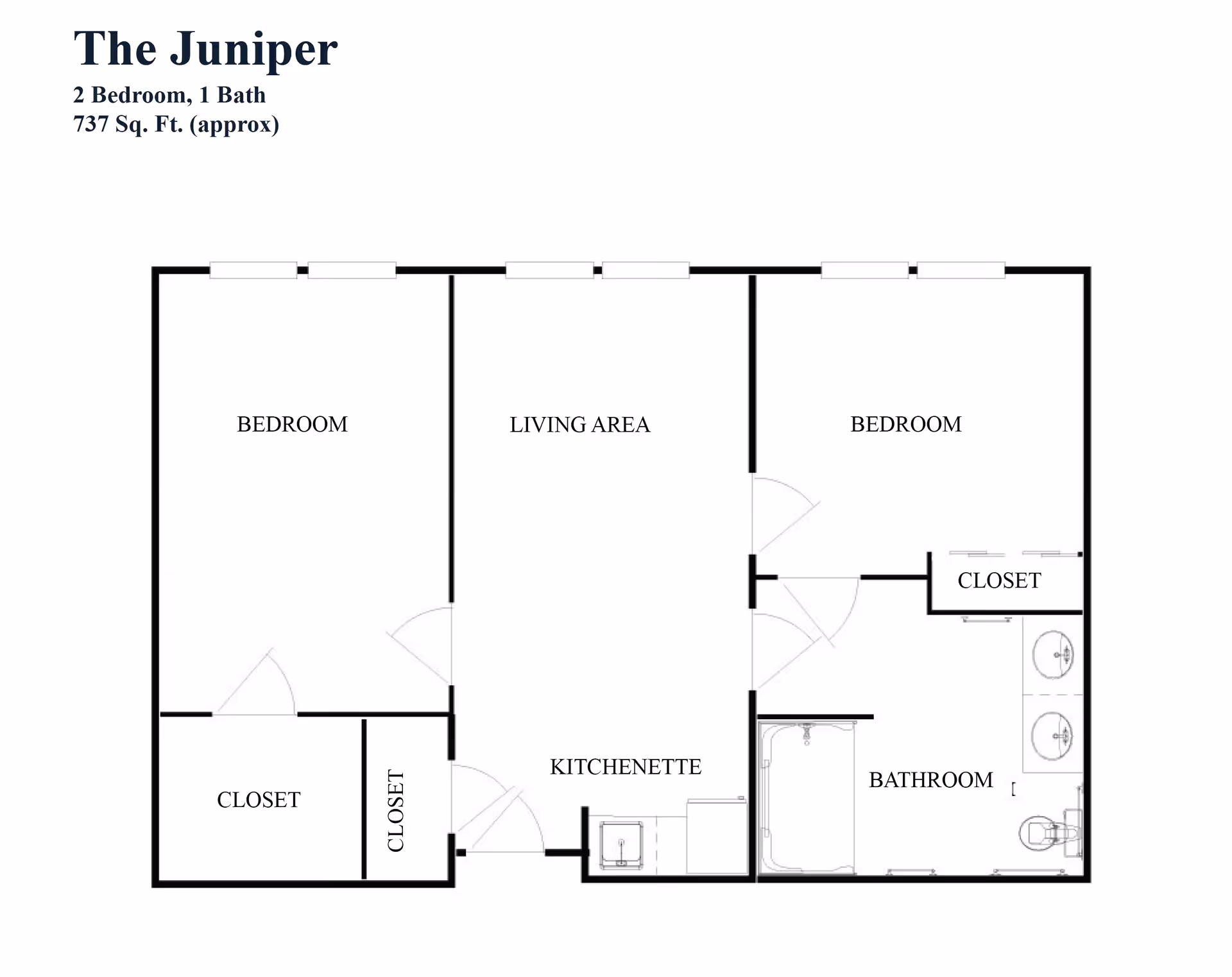 Floor plan titled The Juniper showing a 2 bedroom, 1 bath layout with approximately 737 square feet. The plan includes two bedrooms, a living area, kitchenette, bathroom, and closets.