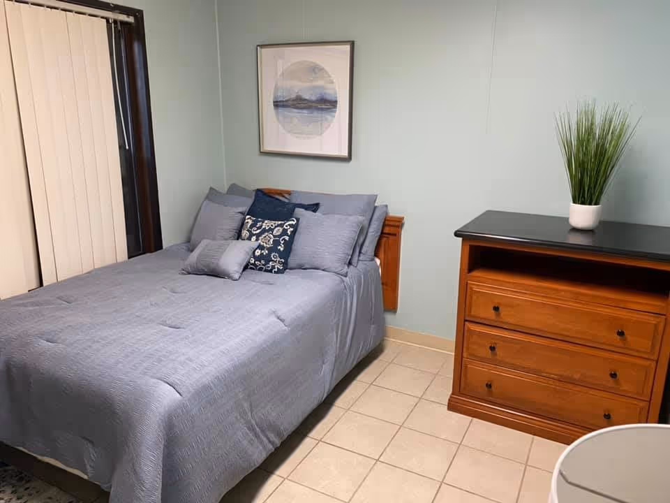Small bedroom with a made double bed covered in blue-gray bedding, a wooden dresser topped with a potted plant, and light blue walls.