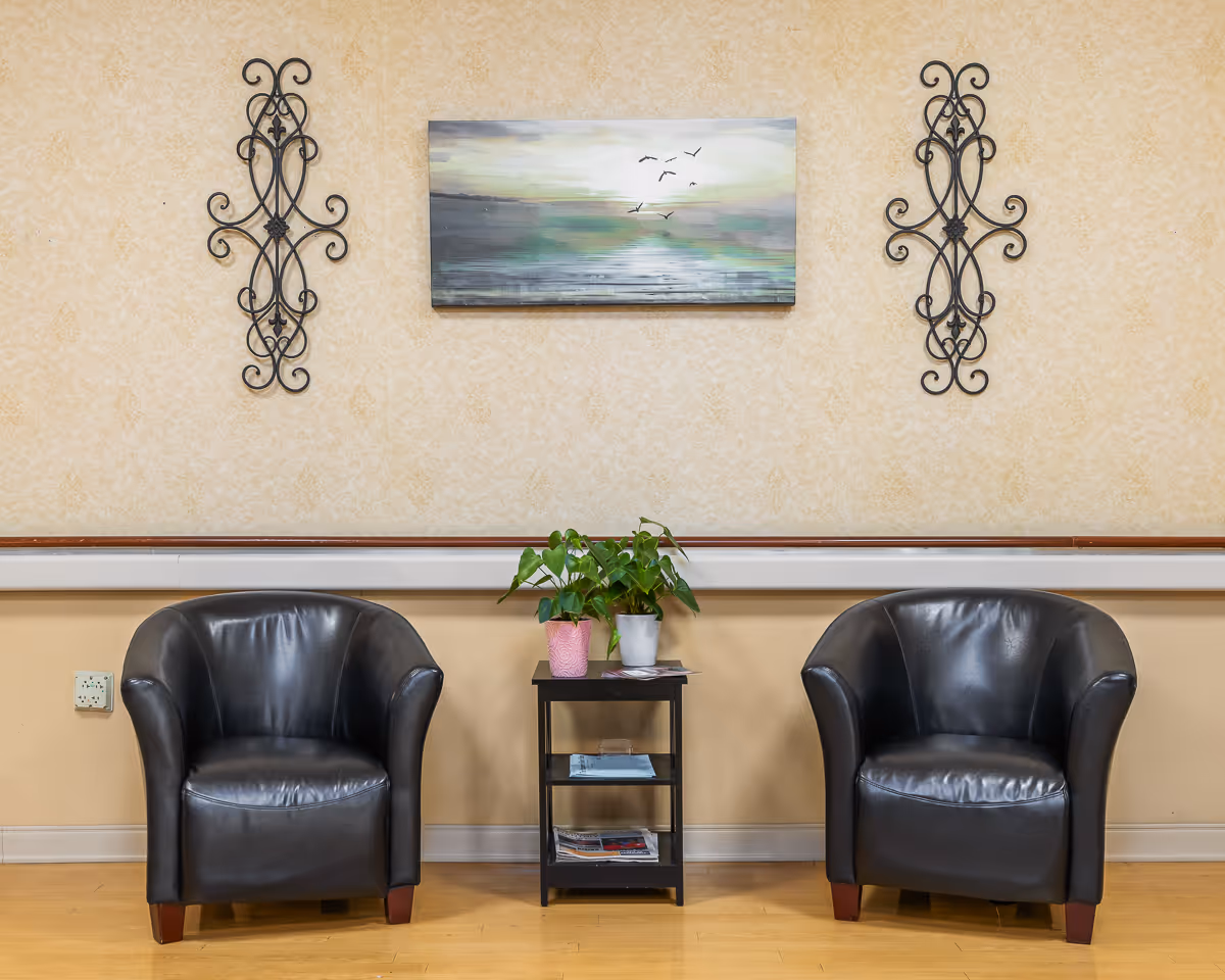 Two black leather armchairs with wooden legs are placed on either side of a small black side table holding two potted plants and some magazines. The wall behind them is beige with a textured pattern and decorated with a rectangular painting of a serene water scene with birds flying, flanked by two symmetrical black wrought iron wall decorations.