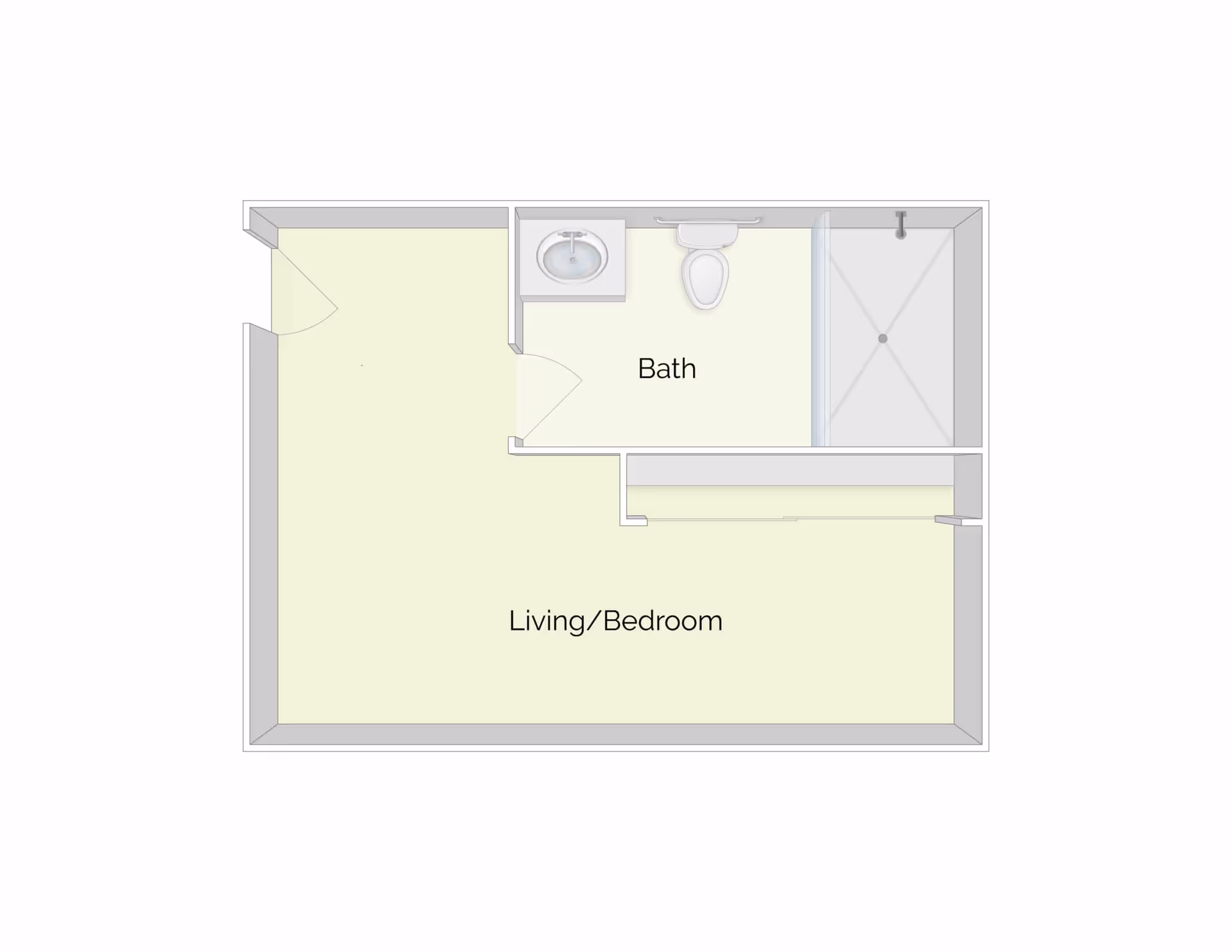 Floor plan layout of a small living space labeled The Residence at Shelburne Bay, showing a combined living and bedroom area and a separate bathroom with a sink, toilet, and shower.
